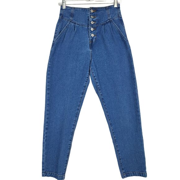 Forever 21 Button Fly Pleated High Rise Ankle Jeans Women 25 Blue Denim Pants - Picture 1 of 12
